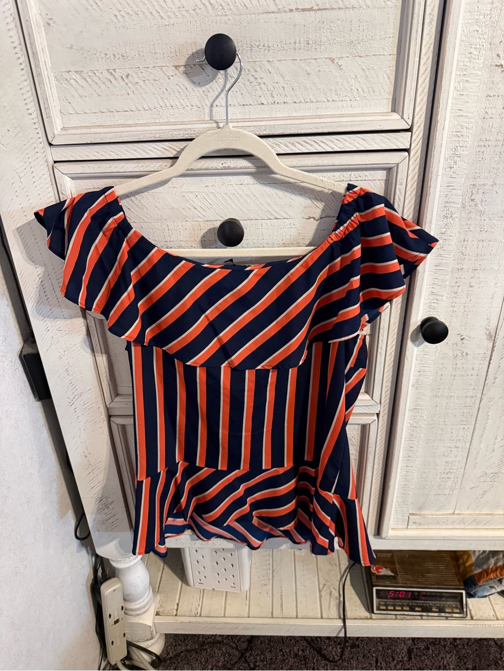 Banana Republic Navy and Orange Off-Shoulder Ruffle Top